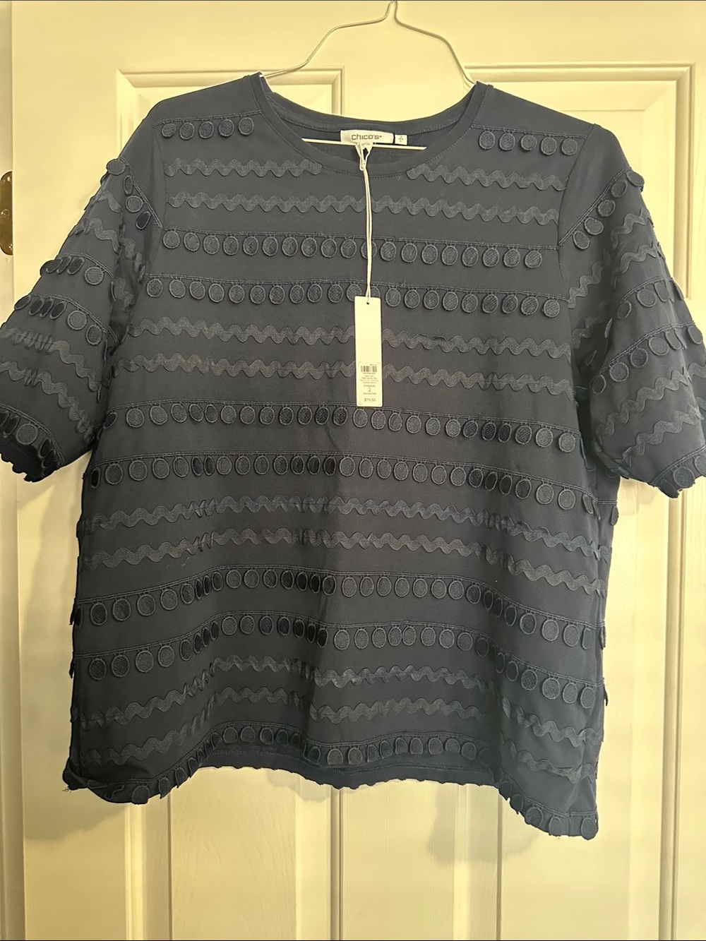 NWT Chico's Navy Ric-Rac trim tee size L